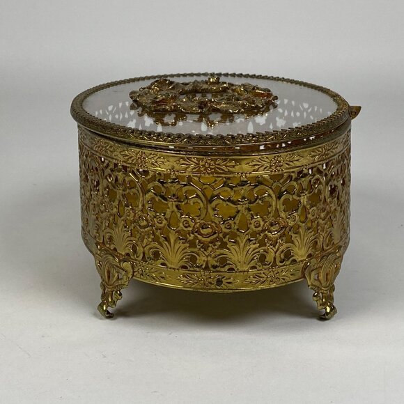 Vintage Hollywood Regency Gold Filigree Ormolu Jewelry Box Oval Glass Hinged Lid - Picture 4 of 11